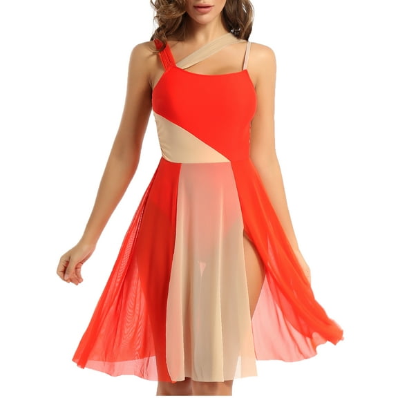 Linjinx Women Sleeveless Mesh Color Block Leotard Dress Lyrical Modern Performance Dancewear Orange S
