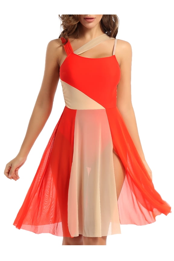 Women Sleeveless Mesh Color Block Leotard Dress Lyrical Modern Performance Dancewear Orange M