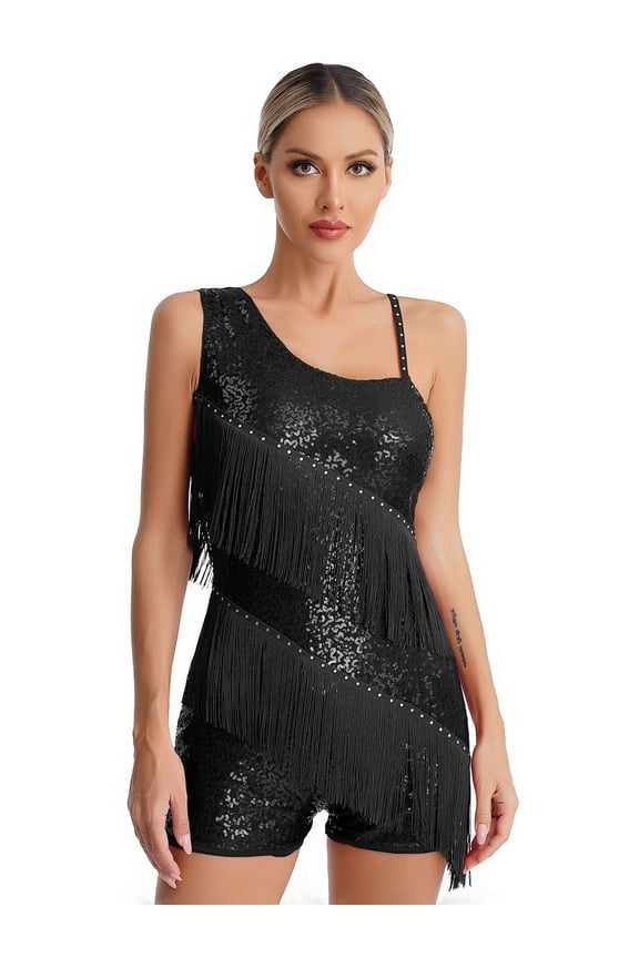 Women Sparkly Sequin Gymnastics Leotard Unitard Tassel Fringed Latin Dance Biketard Romper Black XL