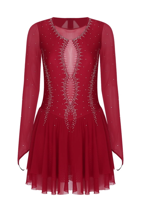 Women's Glittery Rhinestone Lyrical Dance Dresses Long Sleeve Figure Ice Skating Dress Dancewear Burgundy L