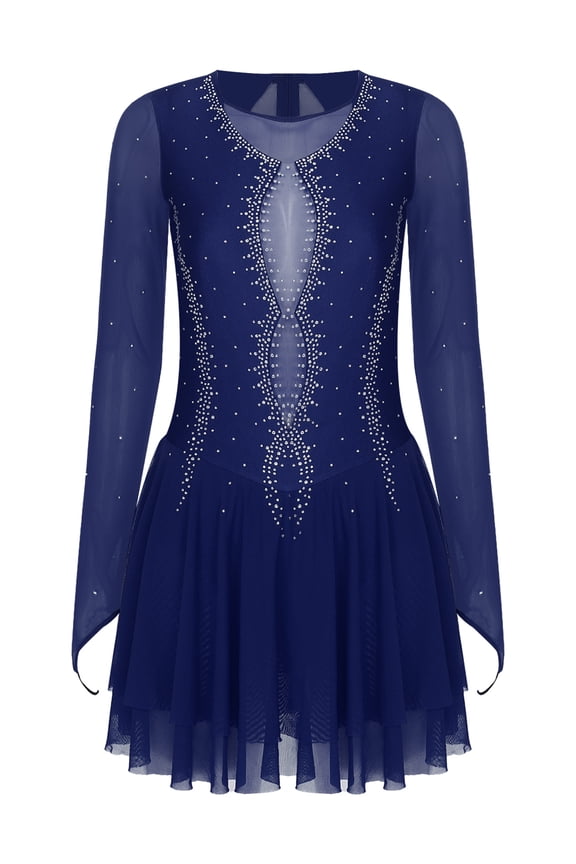 Women's Glittery Rhinestone Lyrical Dance Dresses Long Sleeve Figure Ice Skating Dress Dancewear Navy Blue L