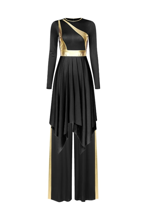 Women's Liturgical Lyrical Dance Metallic Choir Worship Praise Dance Dress Set with Black M