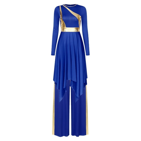 Linjinx Women's Liturgical Lyrical Dance Metallic Choir Worship Praise Dance Dress Set with Blue XXL