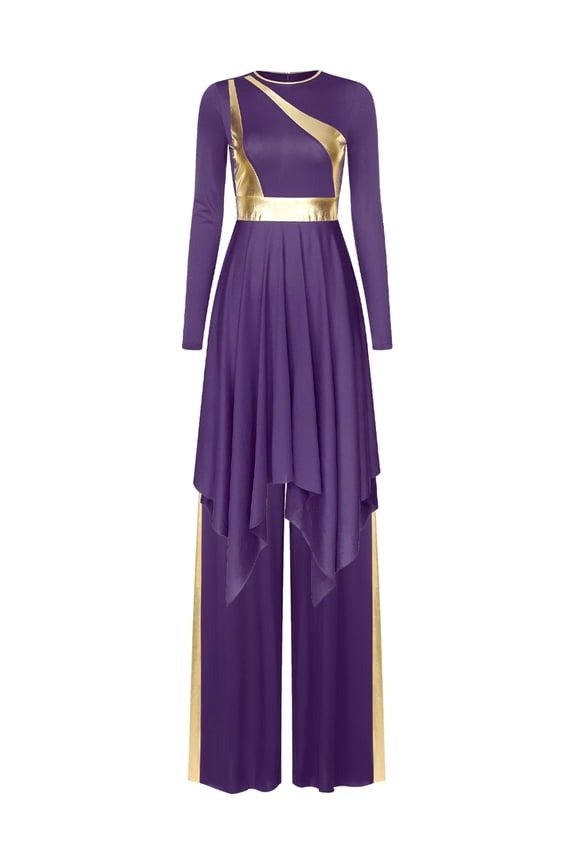 Women's Liturgical Lyrical Dance Metallic Choir Worship Praise Dance Dress Set with Purple L
