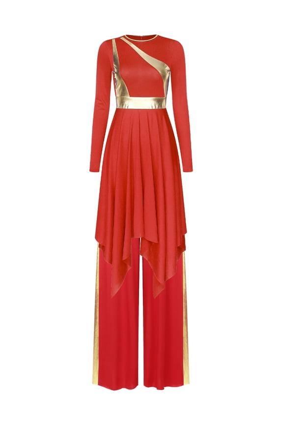 Women's Liturgical Lyrical Dance Metallic Choir Worship Praise Dance Dress Set with Red XXL