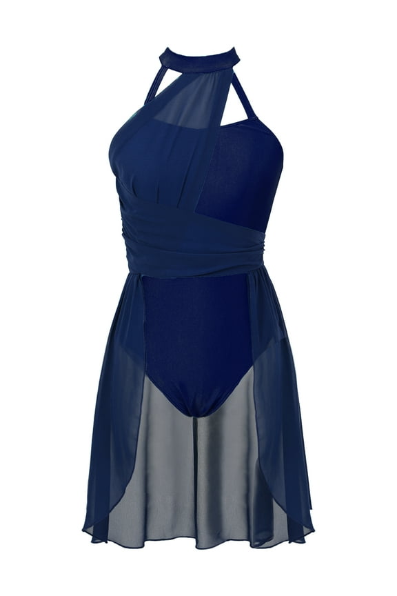 Women's Lyrical Contemporary Dance Dress Ruched Chiffon Sleeveless Ballet Leotard Dance Navy_Blue M