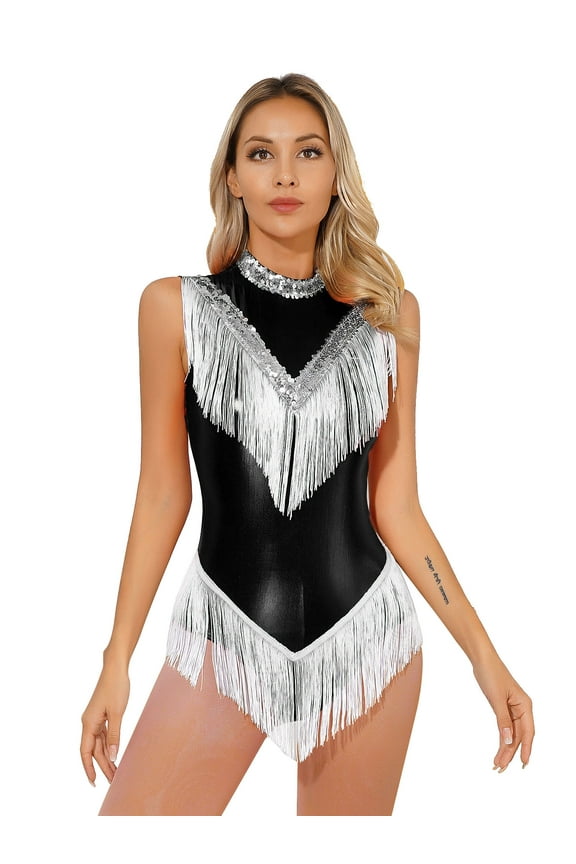 Women's Sequins Metallic Cocktail Tassel Latin Dance Dress Fringed Rumba Salsa Dance Costume Black XL