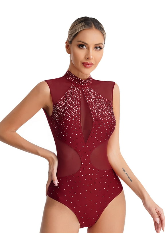 Women's Sheer Mesh Gymnastic Dance Leotards Sleeveless Mock Neck Shiny Dance Bodysuit Ballet Burgundy M