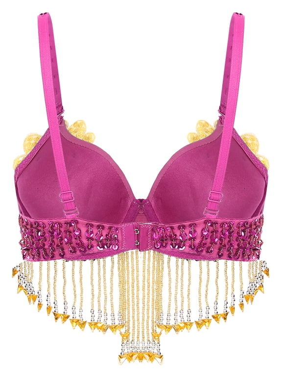 Women's Sparkle Sequined Bra Top with Beaded Tassel Belly Dance Rave Dancing Party Clubwear Hot Pink One Size