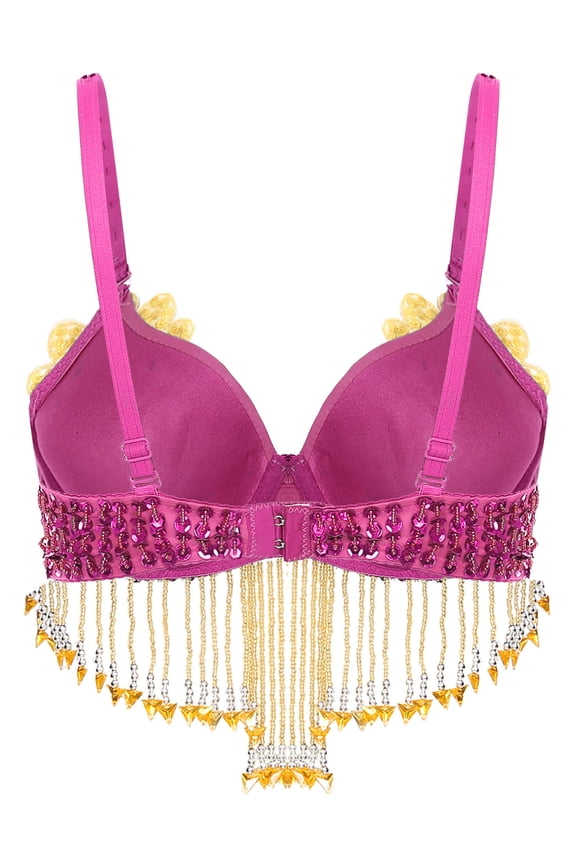 Women's Sparkle Sequined Bra Top with Beaded Tassel Belly Dance Rave Dancing Party Clubwear Hot Pink One Size