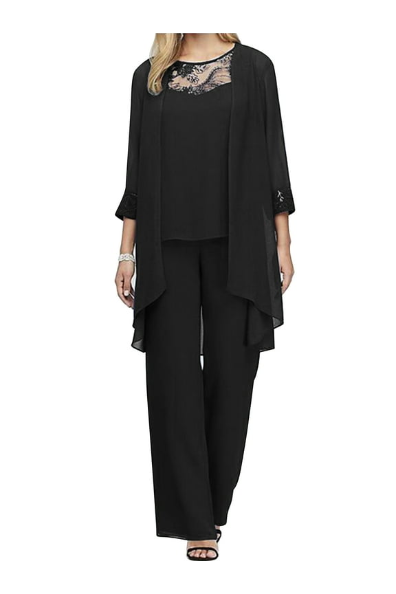 Women's Wedding Guest Pant Suit 3 Piece Mother of Bride Dress Sets Cocktail Party Gown Casual Set Black 3XL