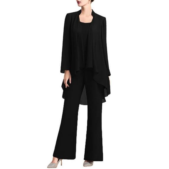 Linjinx Women's Wedding Guest Pant Suit 3 Piece Mother of Bride Dress Sets Plus Size Cocktail Party Gown Black S