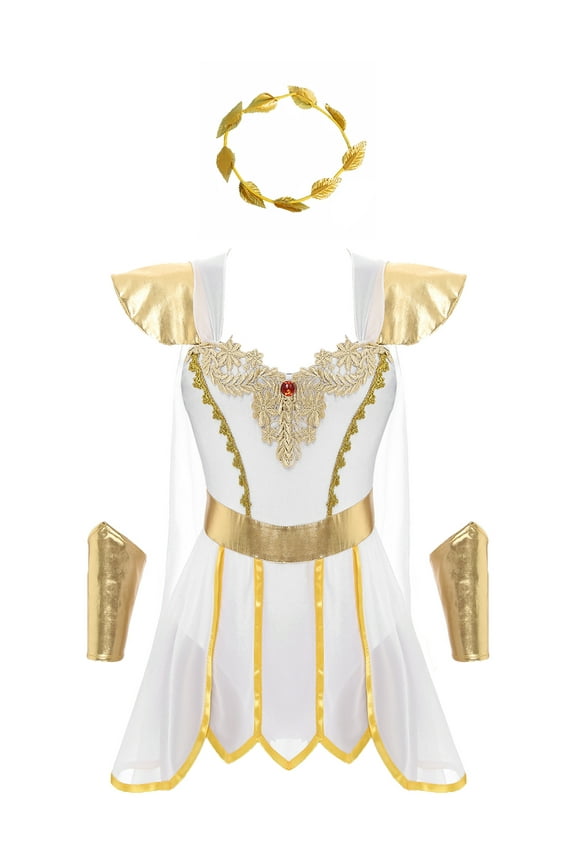 Womens Ancient Greek Dress Festival Toga Princess Bodysuit with Headwear Wristbands White XL