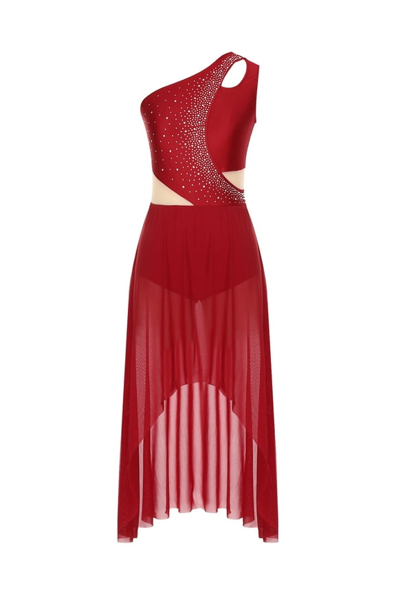 Womens Elegant Modern Lyrical Dance Sleeveless Asymmetrical Flowy Long Maxi Dress Burgundy L
