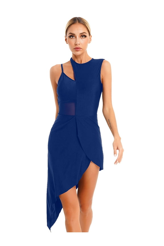 Womens Latin Salsa Dance Dress Sheer Mesh Patchwork Sleeveless Asymmetrical Hem Dress Navy Blue L