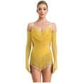 thumbnail image 1 of Linjinx Womens Latin Salsa Dance Leotard Glitter Rhinestones Fringe Dance Bodysuit with Gloves Yellow M, 1 of 6