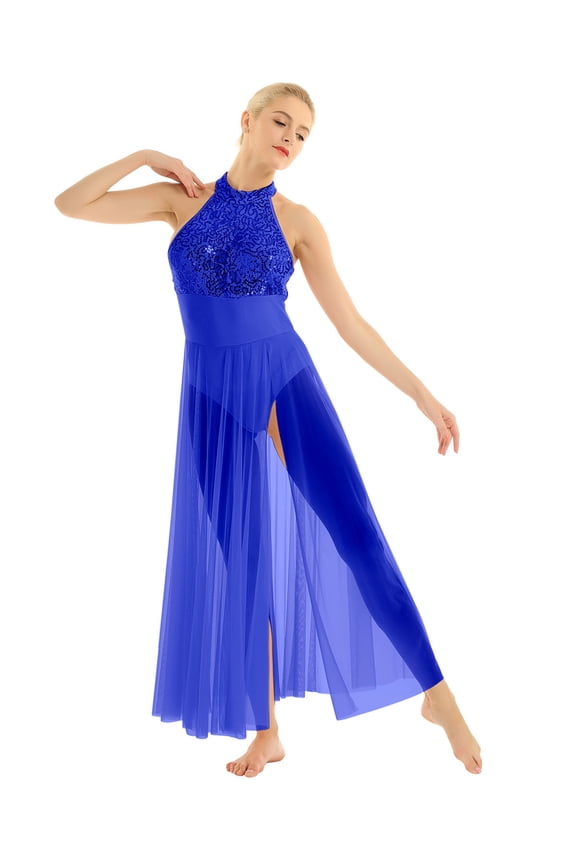 Womens Sequins Lyrical Dance Maxi Dress Halter Sleeveless Leotard Side Split Skirt Ballet Blue XL