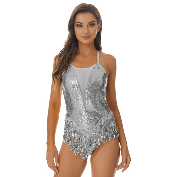 Linjinx Womens Sparkling Sequins Fringed Cross Back Latin Jazz Salsa Dress Leotard Bodysuit Dance Silver M
