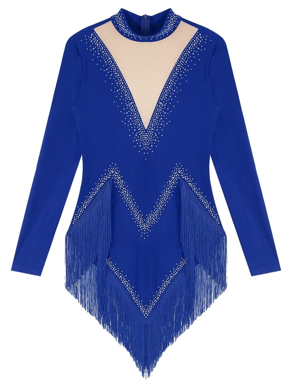 Womens Tassel Latin Dance Dress Long Sleeve Leotard Salsa Jazz Tango Performance Bodysuit Blue S