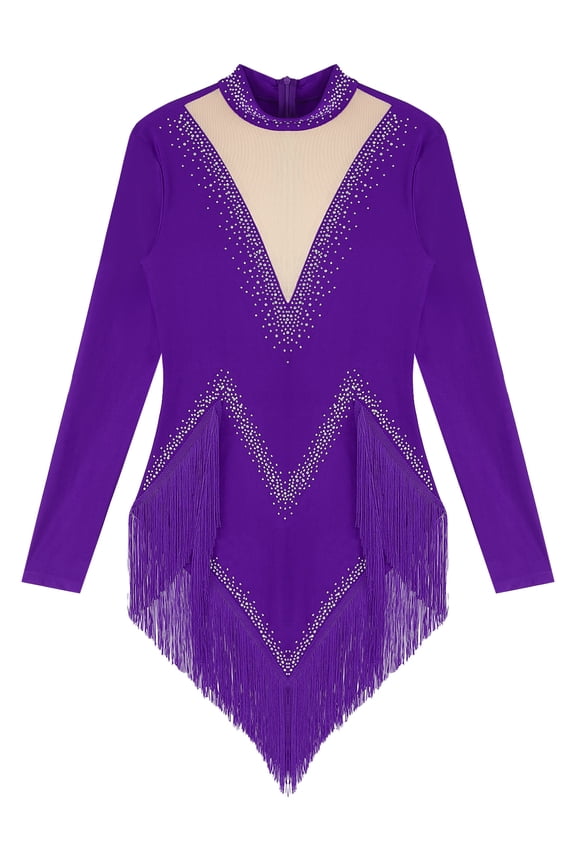 Womens Tassel Latin Dance Dress Long Sleeve Leotard Salsa Jazz Tango Performance Bodysuit Purple XXL