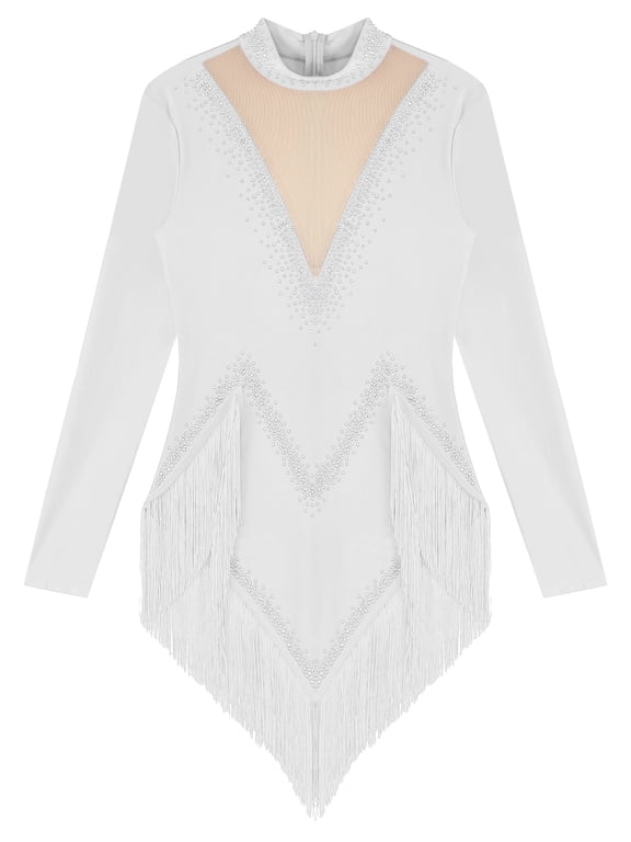 Womens Tassel Latin Dance Dress Long Sleeve Leotard Salsa Jazz Tango Performance Bodysuit White S
