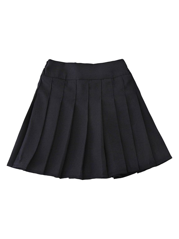 Youth Girls High Waist Classic Pleated Skirts School Mini A-line Skirt Flared Skater Uniform Black 140