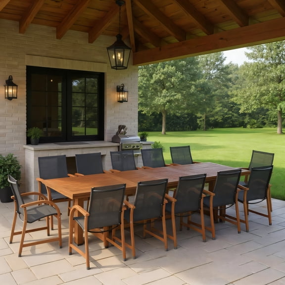 Link 13-Piece Outdoor Rectangular Extendable Dining Table and Chairs Set | Eucalyptus Wood | Ideal for Patio, Brown