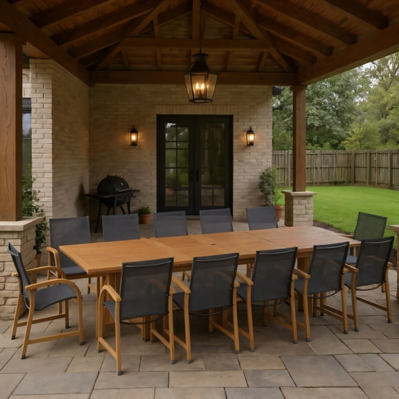 Link 13-Piece Outdoor Rectangular Extendable Dining Table and Chairs Set | Teak Finish | Ideal for Patio, Light Brown