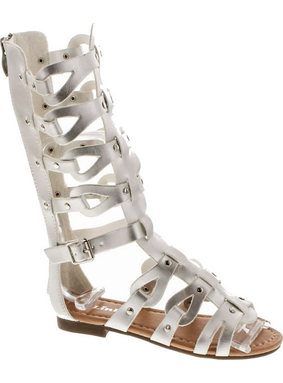 Link Atta 07K Little Girls Strappy Gladiator Comfort Flat Sandals, Silver, 1