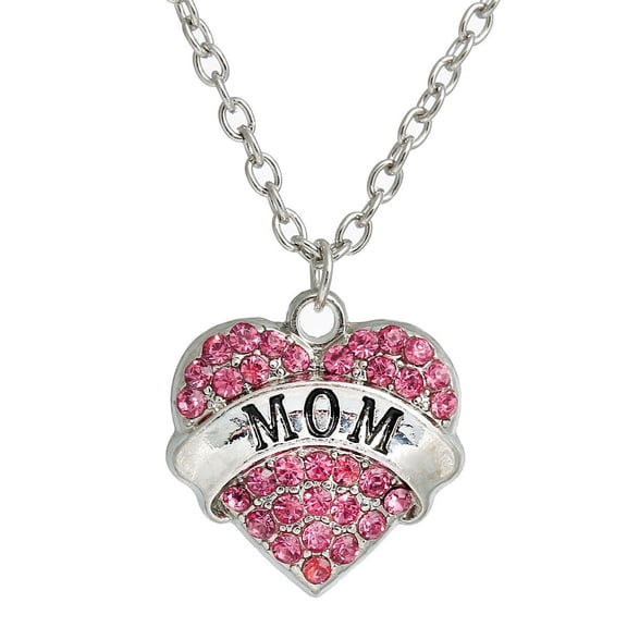 Link Cable Chain Silver Tone " MOM" Carved on Heart Pendant With Pink Rhinestone