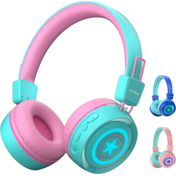 Link Dream Kids Bluetooth Headphones,V5.0 Wireless Over-Ear Headset with Mic, 3 Lighting Modes, 22-32H Playtime, Foldable, 3.5mm Audio Jack, for School/Students/PC/Phone/Tablet (Boys/Girls),Green