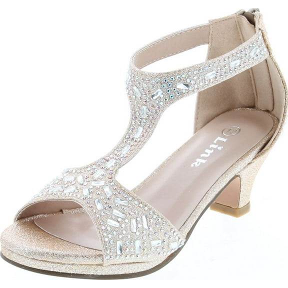 Link Excited-95K Girl's Glitter Rhinestone T-Strap Back Zipper Wrapped Heel Sandals