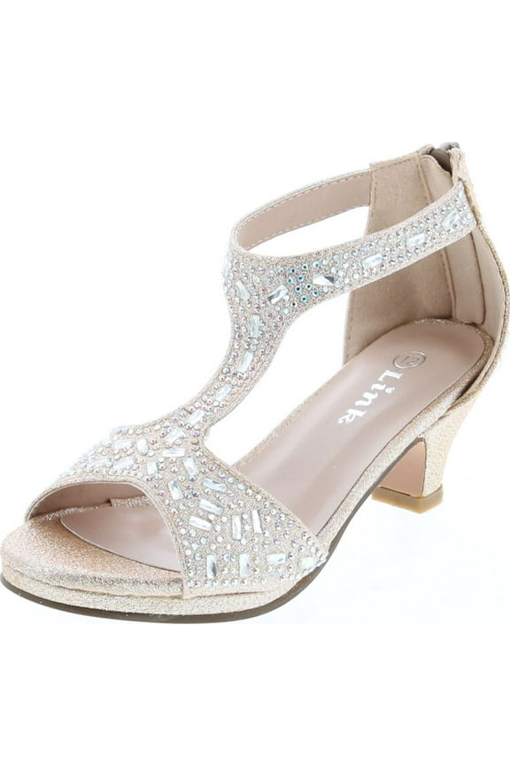 Excited-95K Girl's Glitter Rhinestone T-Strap Back Zipper Wrapped Heel Sandals