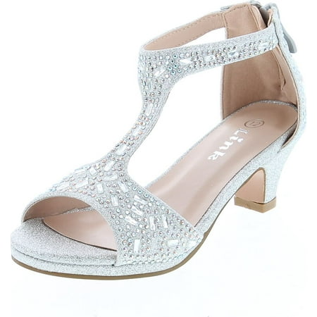 Link Excited-95K Girl's Glitter Rhinestone T-Strap Back Zipper Wrapped Heel Sandals