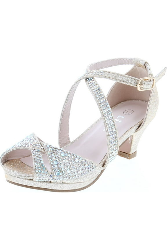 Fantastic-90K Girl's Rhinestone Criss Cross Ankle Strap Chunk Heel Sandals