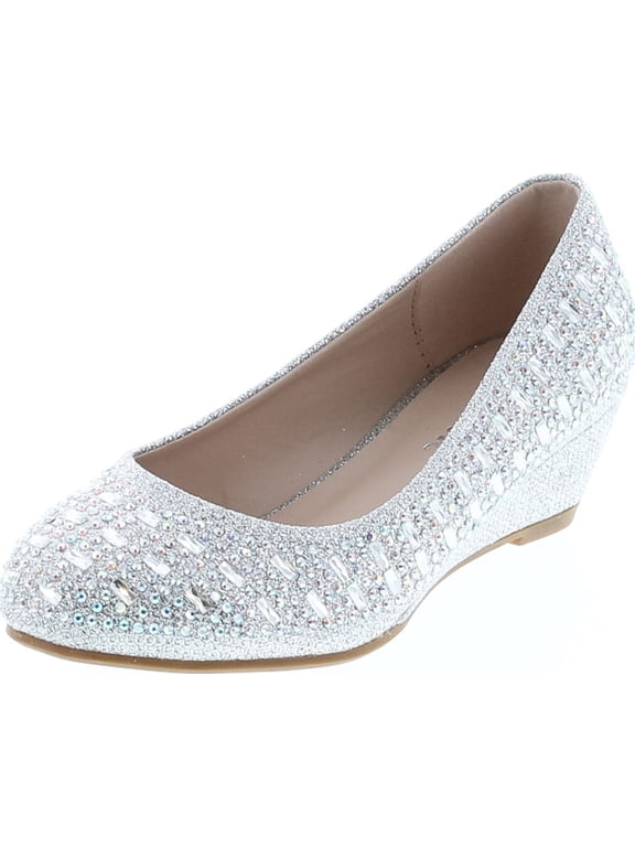 Fisher-3K Girl's Slip On Rhinestone Wrapped Wedge Heel Party Shoes, Silver, 9