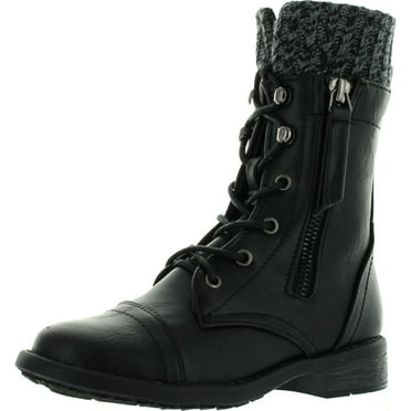 Link Girls Justina58k Kids Leatherette Sweater Cuff Lace Up Zip Decor Mid Calf Ankle Combat Boots, Black, 10