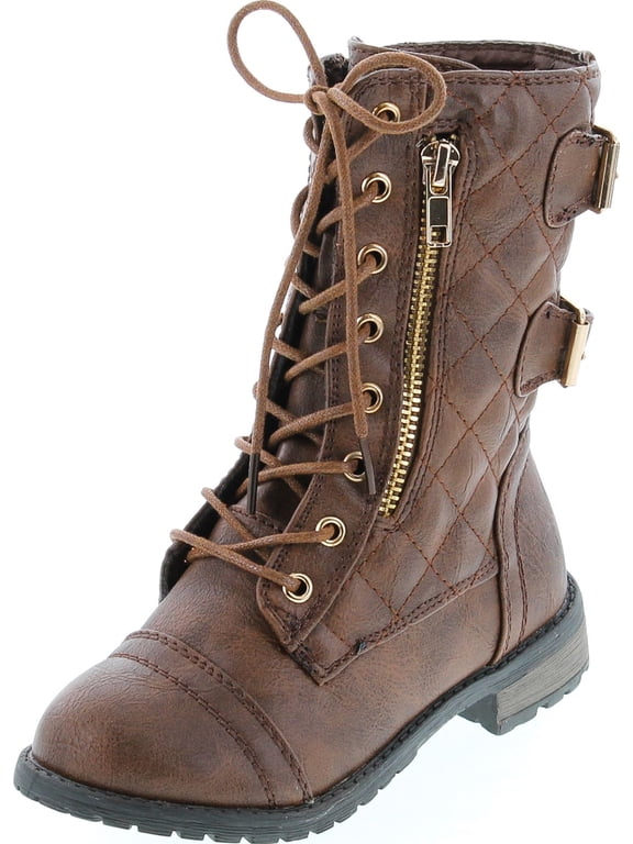 Girls Mango-79 Kids Combat Lace up Quilted Dual Buckle Zip Decor Mid Calf Motorcycle Boots
