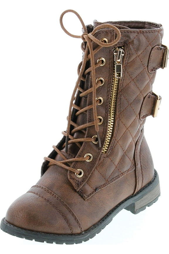 Girls Mango-79 Kids Combat Lace up Quilted Dual Buckle Zip Decor Mid Calf Motorcycle Boots