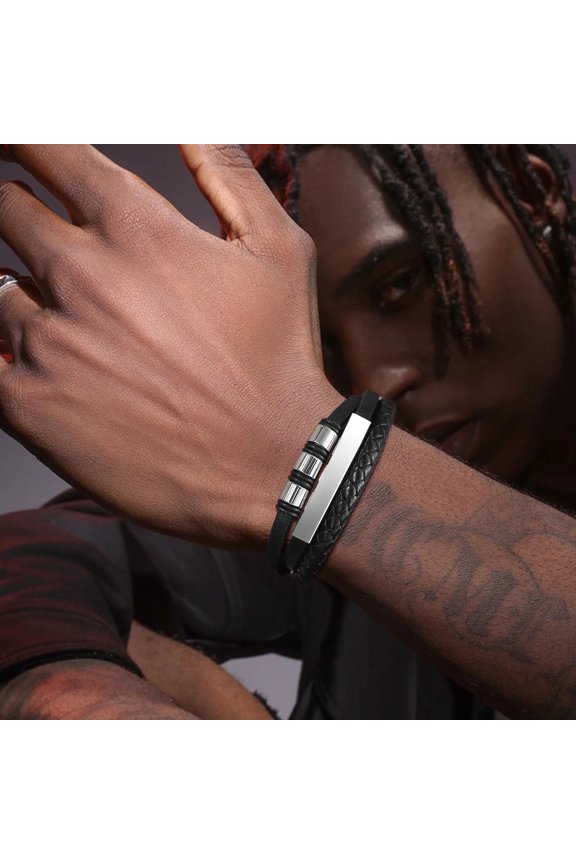 Link Leather Bracelets for Men Boys,Black 14K White Gold Wristband with Beads,Custom Gents Wristband Gift Jewelry