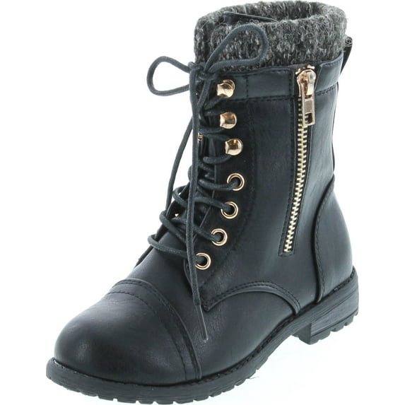 Link Mango-31 Girls Kids Round Toe Military Lace Up Knit Ankle Cuff Low Heel Combat Boots, Black, 13