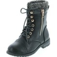 thumbnail image 1 of Link Mango-31 Girls Kids Round Toe Military Lace Up Knit Ankle Cuff Low Heel Combat Boots, Black, 2, 1 of 7