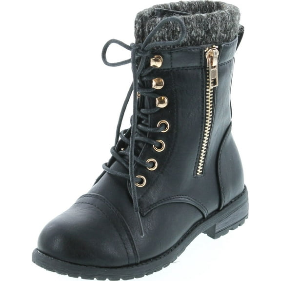 Link Mango-31 Girls Kids Round Toe Military Lace Up Knit Ankle Cuff Low Heel Combat Boots, Black, 2