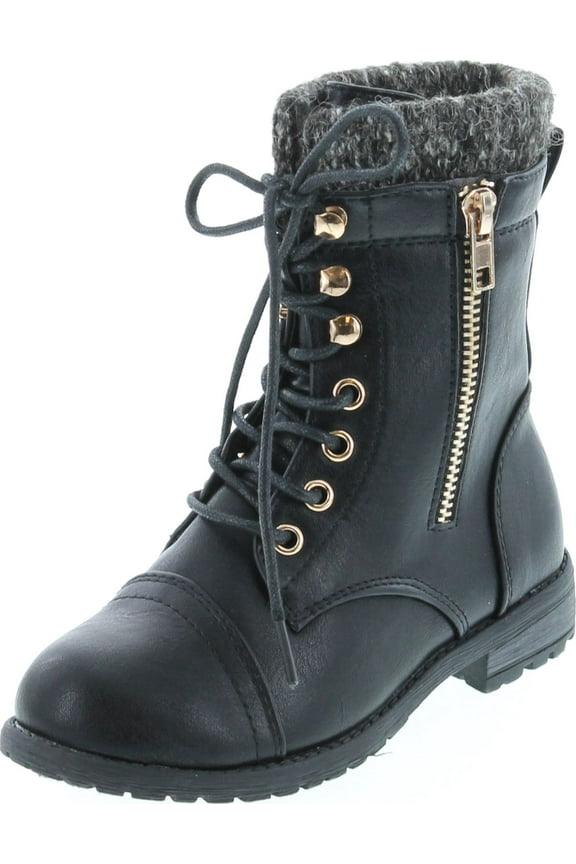 Link Mango-31 Girls Kids Round Toe Military Lace Up Knit Ankle Cuff Low Heel Combat Boots, Black, 2
