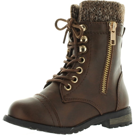 Link Mango-31 Girls Kids Round Toe Military Lace Up Knit Ankle Cuff Low Heel Combat Boots, Brown, 2