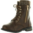 thumbnail image 1 of Link Mango-31 Girls Kids Round Toe Military Lace Up Knit Ankle Cuff Low Heel Combat Boots, Brown, 3, 1 of 4