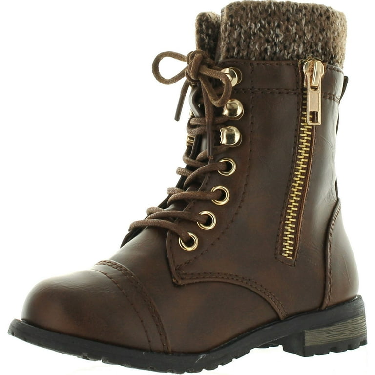 Link Mango 31 Girls Kids Round Toe Military Lace Up Knit Ankle Cuff Low Heel Combat Boots Brown 3