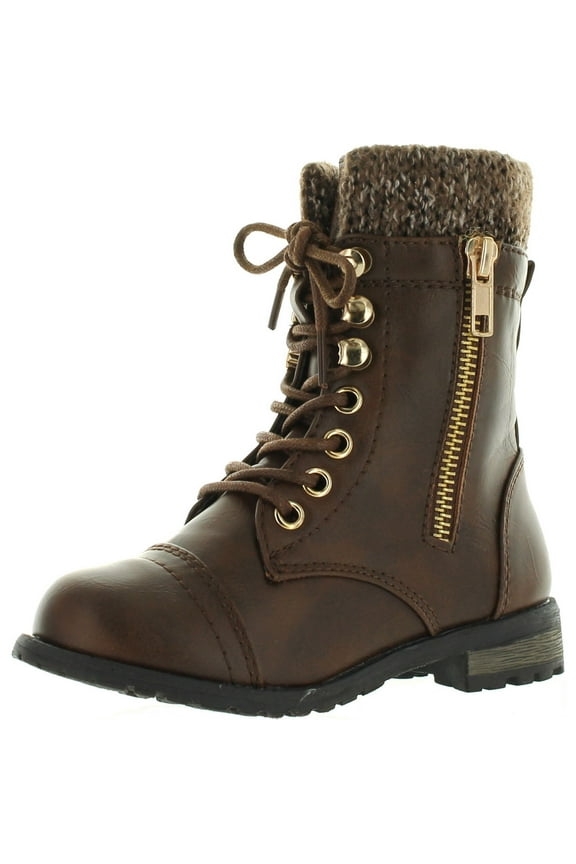 Link Mango-31 Girls Kids Round Toe Military Lace Up Knit Ankle Cuff Low Heel Combat Boots, Brown, 4