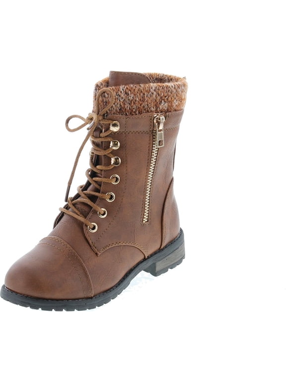 Link Mango-31 Kids Round Toe Military Lace Up Knit Ankle Cuff Low Heel Combat Boots, Tan, 4