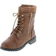 STATIC FOOTWEAR Link Mango-31 Kids Round Toe Military Lace Up Knit Ankle Cuff Low Heel Combat Boots, Tan, 9